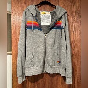 Aviator Nation Gray Hoodie with Rainbow Chest Stripes